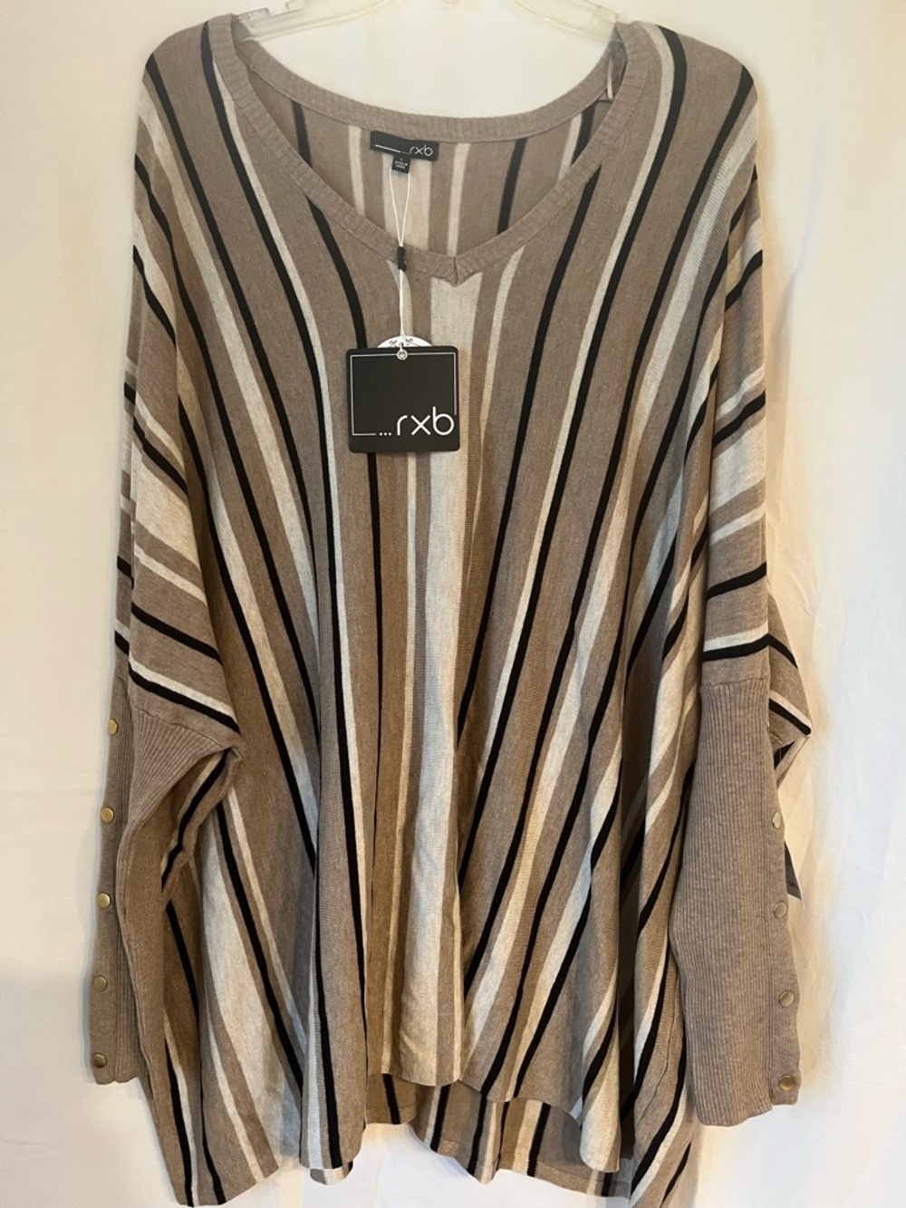 RXB Women's Striped V-Neck Poncho Sweater - Taupe, Beige & Black